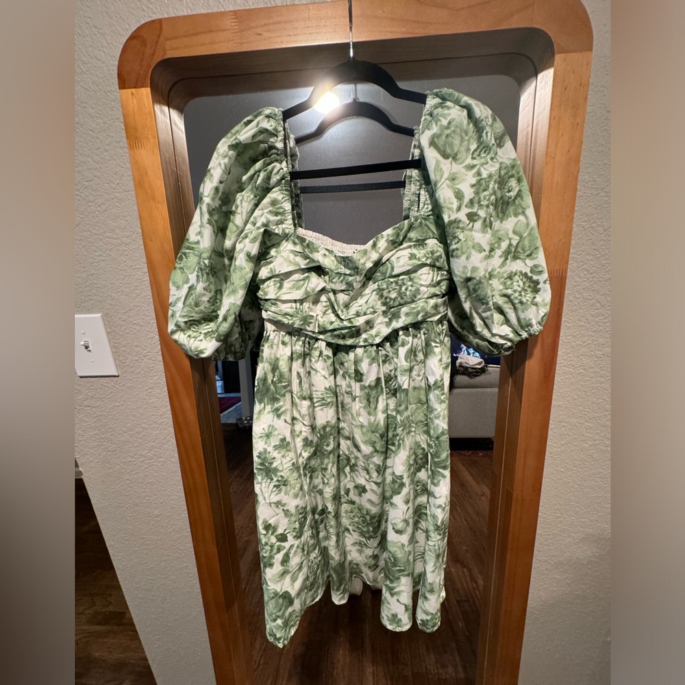 Abercrombie & Fitch Emerson green & white puff sleeve mini dress